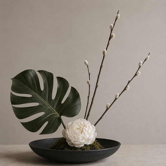 ikebana with preserved montera leaf, sola wood flower, pussy willow and preserved moss