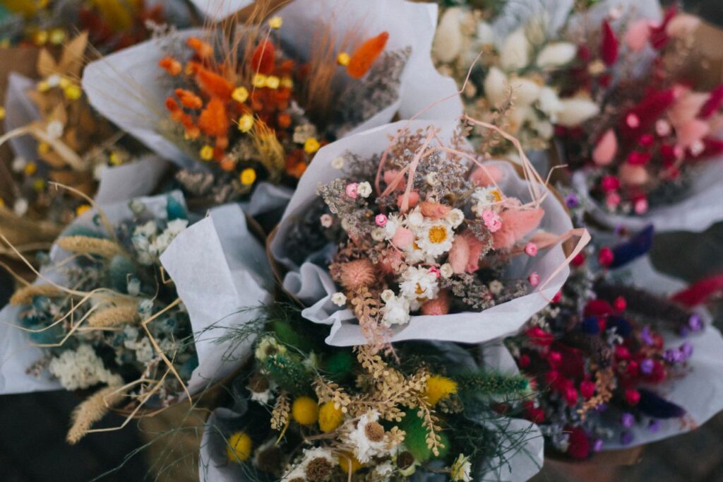 Collection of dried flower bouquets in various colours